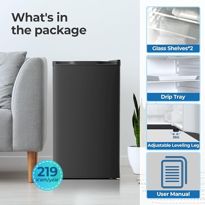 Electactic 3.2 Cu.ft Mini Fridge with Freezer, Compact Refrigerator with Reversible Single Door, Adjustable Thermostat, Low Noise, Energy Efficient for Office, Dorm, Bedroom, Apartment (Black)