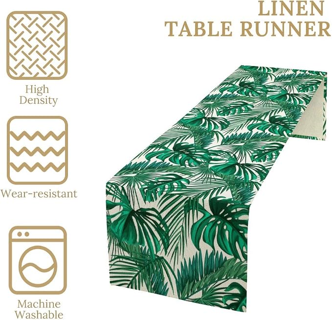 Tropical Leaves Table Runner Jungle Green Plam Tree Leave Retro Boho Hawaii Botanical Plant Spring Seasonal Dinner Runner for Home Farmhouse Kitchen Dining Holiday Party 13x60in