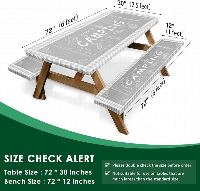 Picnic Table Cover with Bench Covers Elastic Edges, Grey Camper Fitted Table Cover, Outdoor Patio Camping Essentials 72 Inch 3PCS, Waterproof Camping Fitted Tablecloth with Drawstring Bag