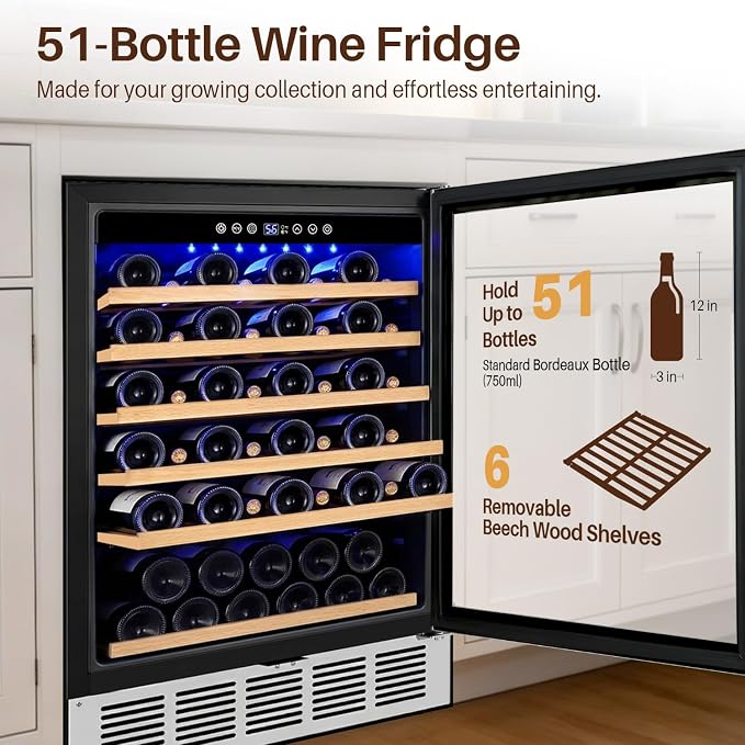 24 Inch Wine Fridge 51 Bottles Wine Cooler with Glass Door, Wine Refrigerator Temperature Control, Built-in Freestanding or Under Counter Wine Cellar for Home Bar, Bedroom