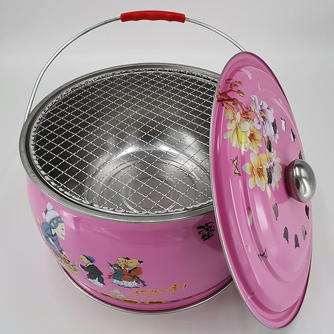 Grill for Outdoor 12.2-inch Round Shape Charcoal Grill Brazier with Handle and Vibrant Color Pattern Outdoor Camping Courtyard Picnic Roast Meat Home BBQ Charcoal Oven Barbecue Grill ( Color : Pink )