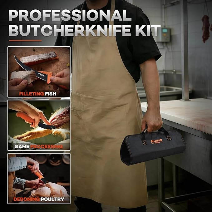 Huusk 5pcs Butcher Knife Set - Professional Meat Processing Kit with Non-Slip Orange Handle, German Stainless Steel Granton Butcher, Skinning, Curved Boning, Caping Knife with Roll Bag Gift for Men