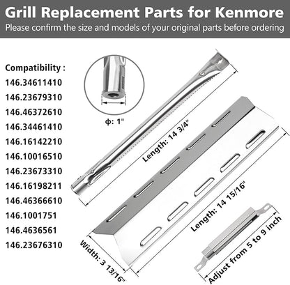 Grill Replacement Parts for Kenmore 146.34611410 146.05349710 146.46372610 146.34461410 146.10016510 146.16197210 146.16198211, Stainless Steel Heat Plate, Grill Burner, Crossover Tube