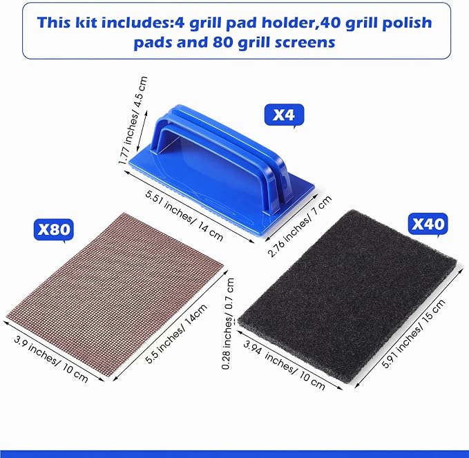 Reallnaive 124 Pcs Griddle Cleaning Kit for Flat Top Grill,Blue | Screen Holder, Grill Screens Cleaning Pads, Heavy Duty Abrasive Mesh Pads for Cast Iron, Stainless Steel Griddle Cleaner
