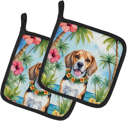Caroline's Treasures Beagle Luau Pair of Pot Holders Kitchen Heat Resistant Pot Holders Sets Oven Hot Pads for Cooking Baking BBQ, 7 1/2 x 7 1/2