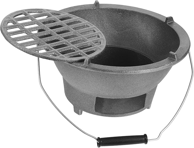 BESTonZON Large Charcoal Grill Stove with Handle and Inner Grate Portable Circular Cast Iron Charcoal Barrel Grill for Camping and Backyard Cooking