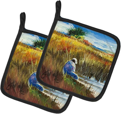 Caroline's Treasures JMK1274PTHD Fishing on The Bank Pair of Pot Holders Kitchen Heat Resistant Pot Holders Sets Oven Hot Pads for Cooking Baking BBQ, 7 1/2 x 7 1/2