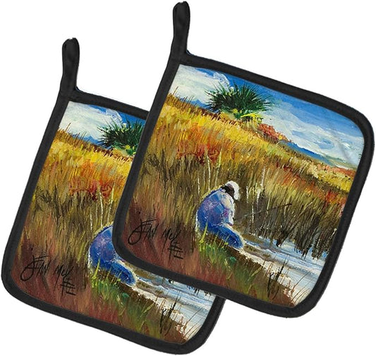 Caroline's Treasures JMK1274PTHD Fishing on The Bank Pair of Pot Holders Kitchen Heat Resistant Pot Holders Sets Oven Hot Pads for Cooking Baking BBQ, 7 1/2 x 7 1/2