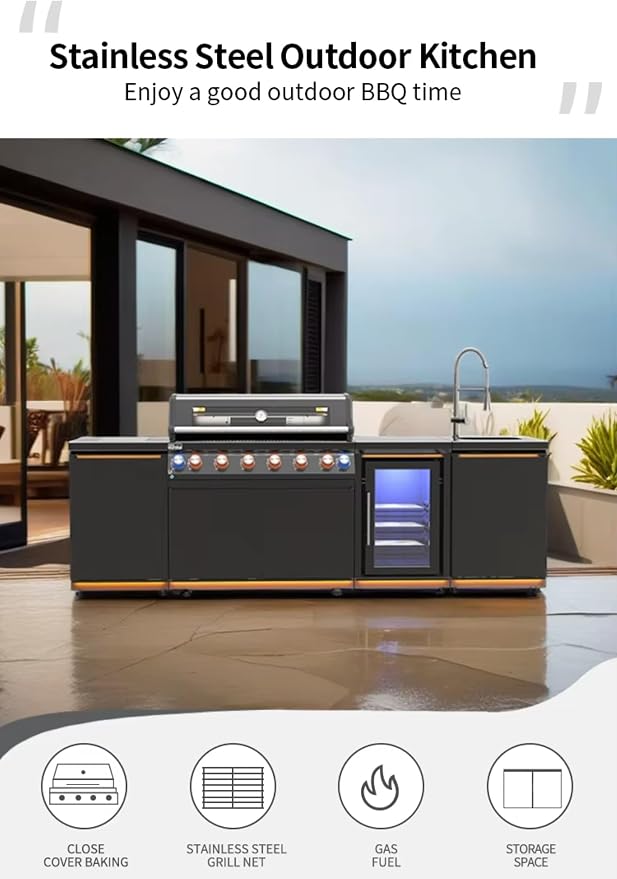 Outdoor Kitchen with BBQ Grill, Lift Door, Refrigerator & Sink | Stainless Steel Modular Outdoor Kitchen Island for Backyard Patio Cooking