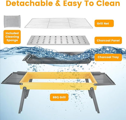 Portable Charcoal Grill Stainless Steel, Small Foldable BBQ Suitcase with Portable Side Shelves & Heat Resistant, Lightweight Tabletop Barbecue for Camping Picnic Backyard Beach Travel