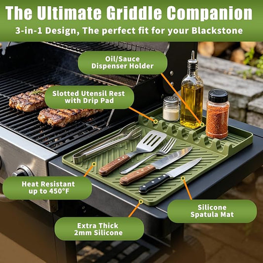 Silicone Griddle Tools Mat for Blackstone Weber, Extra Large 16" x 11.6" Spatula Mat with Drip Pad, Heat Resistant BBQ Accessories Organizer for Outdoor Grill Side Shelf, BBQ Gifts for Men