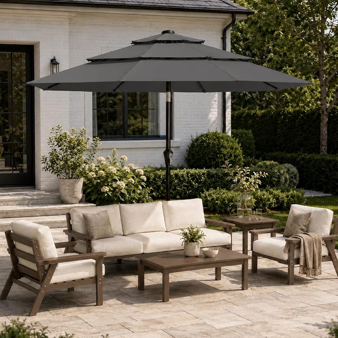 10ft Patio Umbrella, 3-Tier Vented Outdoor Table Umbrella with 8 Sturdy Fiberglass Ribs, Windproof Market Umbrella with Push Button Tilt and Crank, UV Protection for Deck, Pool, Grey