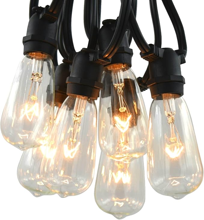 Commercial Vintage Edison String Lights (PS50 Clear - Black Wire, 50 Foot) | ST40 Clear 7 Watt Bulbs, 50 Foot 40 Socket, Commercial Grade Outdoor Lights