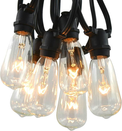 Commercial Vintage Edison String Lights (PS50 Clear - Black Wire, 50 Foot) | ST40 Clear 7 Watt Bulbs, 50 Foot 40 Socket, Commercial Grade Outdoor Lights