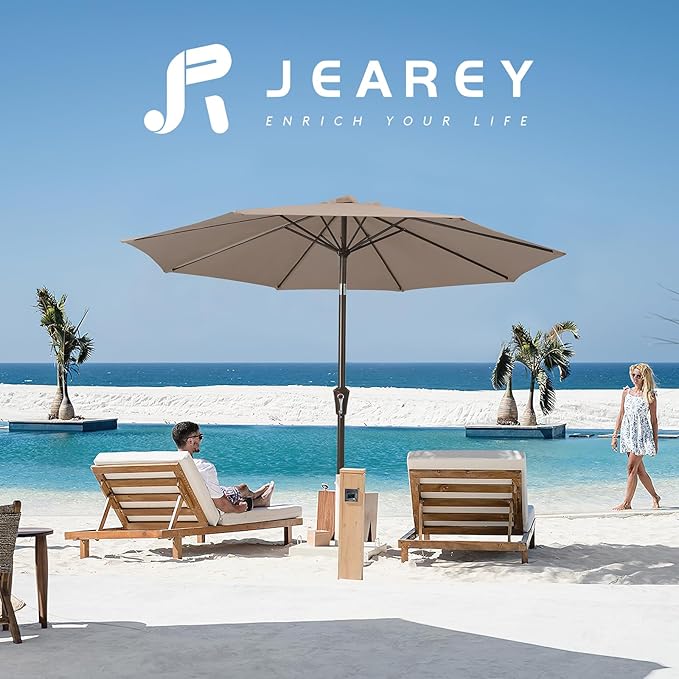 JEAREY 9FT Outdoor Patio Umbrella Outdoor Table Umbrella with Push Button Tilt and Crank, Market Umbrella 8 Sturdy Ribs UV Protection Waterproof for Pool, Garden (Tan)