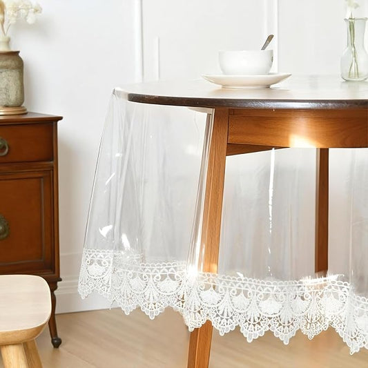 JIUZHEN 70" Round Clear Vinyl Tablecloth Protector, Waterproof/Oil-Proof, Clear Table Cover Protector, Wipe Clean, Transparent Plastic Table Cloth with Lace Edge for Kitchen Dining