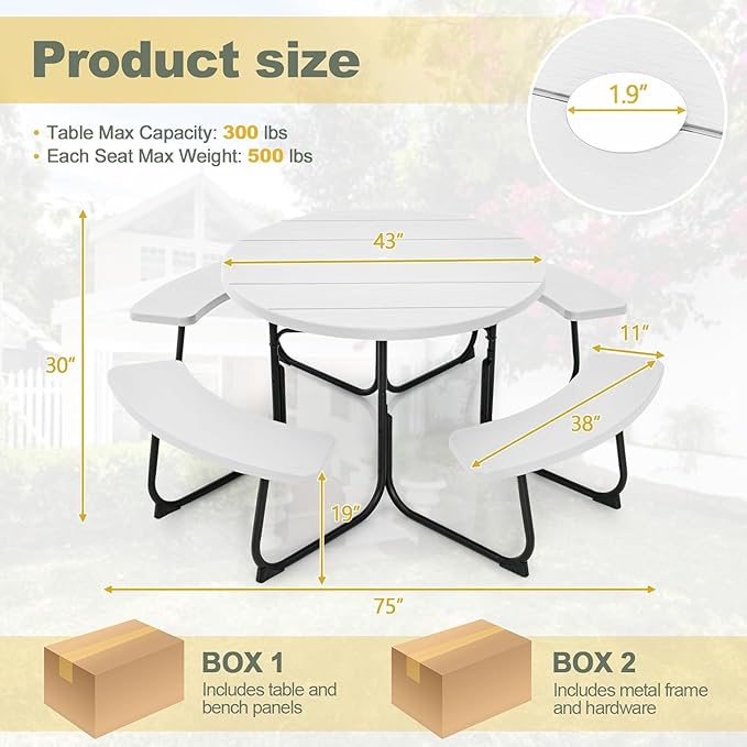 Round Picnic Table for Outdoors, 8 Person Outdoor Picnic Tables & Benches Set with Umbrella Hole, HDPE Tabletop & Metal Frame, 2000 LBS Capacity Table Bench Set for BBQ, Garden, Lawn, Patio