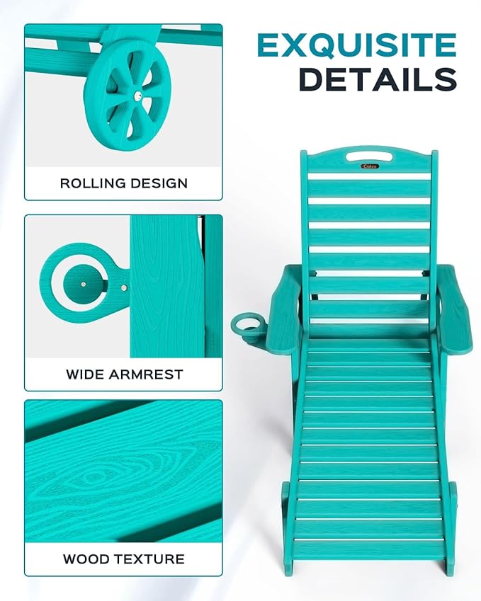 Ciokea Outdoor Chaise Lounge Chair Set of 2, Patio Lounge Chairs for Outside, HDPE Lounge Chair with Wheels & Cup Holder, Poly Chair with 5 Position for Poolside, Deck, Lake Blue