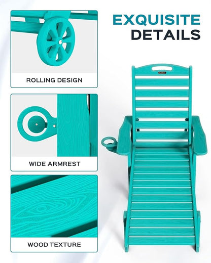 Ciokea Outdoor Chaise Lounge Chair Set of 2, Patio Lounge Chairs for Outside, HDPE Lounge Chair with Wheels & Cup Holder, Poly Chair with 5 Position for Poolside, Deck, Lake Blue