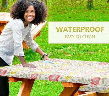 LINPRO 6ft Picnic Table Cover with Bench Covers Vinyl Fitted Picnic Table Covers with Elastic Camping Essentials and Picnic Tablecloth and RV Accessories