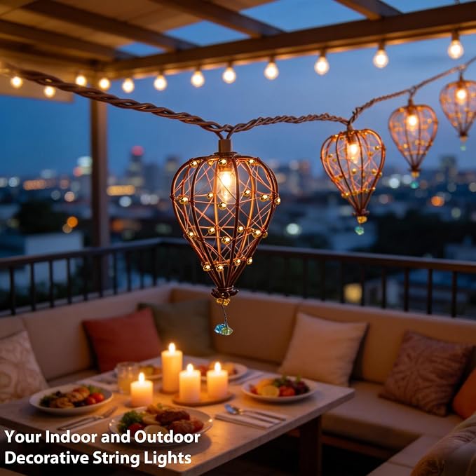 Outdoor Decorative String Lights, Beaded Copper Wire Teardrop Lantern String Lights, Incandescent Patio String Lights Plug in for Outside, Connectable Weatherproof for Home Pergola Bedroom Porch Party