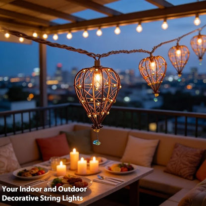 Outdoor Decorative String Lights, Beaded Copper Wire Teardrop Lantern String Lights, Incandescent Patio String Lights Plug in for Outside, Connectable Weatherproof for Home Pergola Bedroom Porch Party