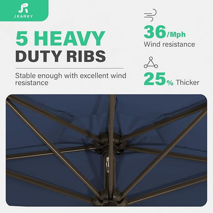 JEAREY 9ft Half Umbrella Outdoor Patio Umbrella Market Umbrella with Crank, 1/2 Round Wall Umbrella 5 Sturdy Ribs UV Protection for Pool Garden Balcony Deck, Purplish Blue
