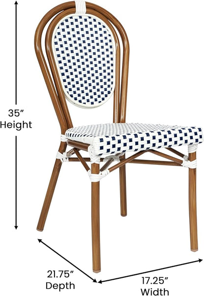 Flash Furniture Lourdes Indoor/Outdoor Commercial Thonet Bistro Stack Chair - White/Navy PE Rattan Back and Seat - Natural Bamboo Print Metal Frame