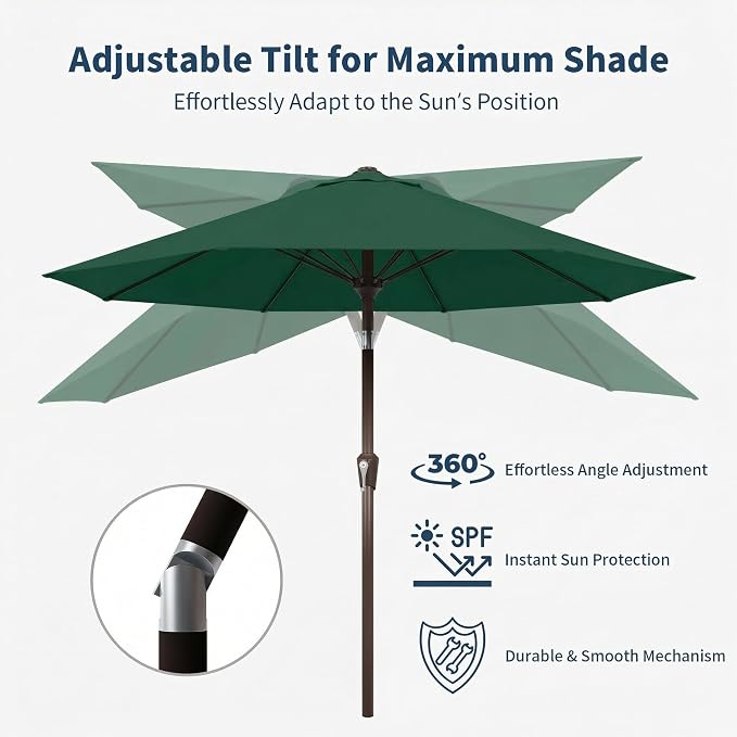 10FT Patio Umbrella Outdoor Market Umbrella with Crank and Tilt, 8 Flexible Fiberglass Ribs, UV-Resistant Waterproof Canopy for Patio, Deck, Garden, Backyard, Forest Green