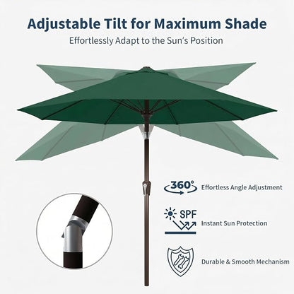 10FT Patio Umbrella Outdoor Market Umbrella with Crank and Tilt, 8 Flexible Fiberglass Ribs, UV-Resistant Waterproof Canopy for Patio, Deck, Garden, Backyard, Forest Green
