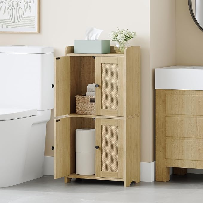 HEXCELEN Small Storage Cabinet, Bathroom Storage Cabinet with 4 Doors, Floor Bathroom Organizer Freestanding for Small Spaces, Living Room, Kitchen, Entryway (Streamlined American, Yellow) | Bathroom Storage Cabinet, 4 Doors, Floor Bathroom Organizer F...