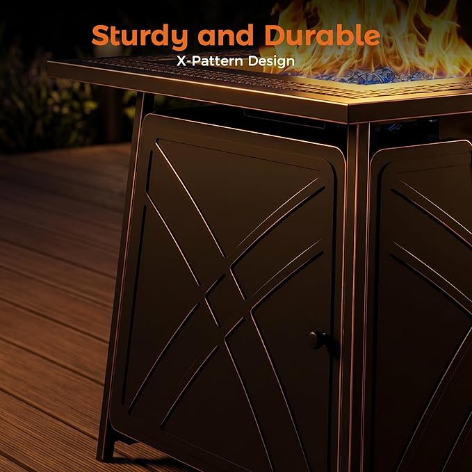 BALI OUTDOORS Gas FirePit Table, 28 inch 50,000 BTU Square Outdoor Propane Fire Pit Table with Lid and Blue Fire Glass