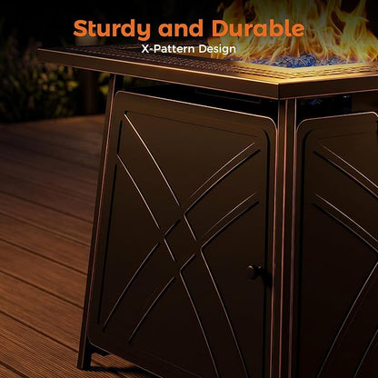 BALI OUTDOORS Gas FirePit Table, 28 inch 50,000 BTU Square Outdoor Propane Fire Pit Table with Lid and Blue Fire Glass