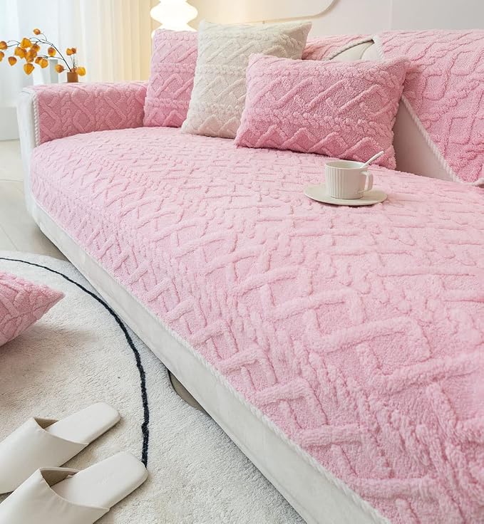 vctops Geometric Jacquard Plush Sofa Couch Covers Farmhouse Neutral Non Slip Sectional Couch Cover Soft Warm Sofa Slipcover for Dogs, Children, Pets Furniture Protector (Pink,43"x70")