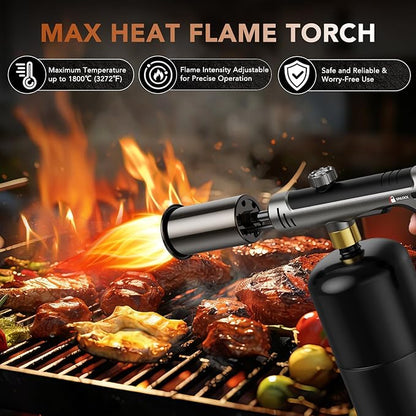 Propane Torch Gun with Safety Lock and One-Touch Max Fire – Adjustable Kitchen Cooking Torch & Flame Thrower for BBQ, Grilling, Sous Vide, Searing, Campfire Starter (Tank Not Included)