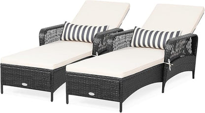 COSTWAY PE Rattan Chaise Lounge Chair, 6 Gear Adjustable Recliner with Armrest & Pillow, Wicker Outdoor Furniture for Deck, Patio (2, Black)