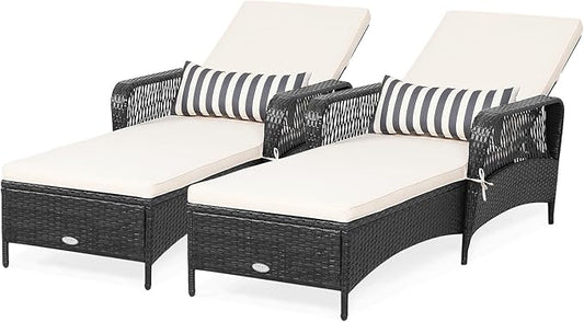 COSTWAY PE Rattan Chaise Lounge Chair, 6 Gear Adjustable Recliner with Armrest & Pillow, Wicker Outdoor Furniture for Deck, Patio (2, Black)
