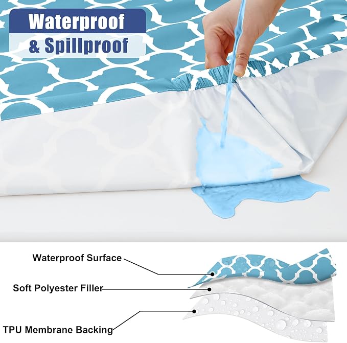 Smiry 2 Pack Rectangle Table Cloth 8 Foot, Waterproof Elastic Fitted Tablecloths, Windproof Washable Polyester Table Cover for Picnic, Camping, Outdoor (Light Blue, 30"x96")