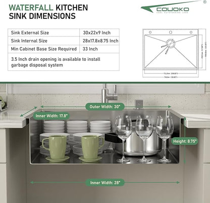 30x22 Drop In Kitchen Sink - Couoko 30 Inch 16 Gauge T304 Stainless Steel Drop In Sink Large Deep Handmade Single Bowl Kitchen Sinks with Accessories, 30"x22"x9"