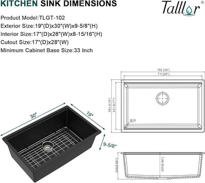 Granite Composite Kitchen Sink - 30 Inch Granite Kitchen Sink Undermount Workstation Matte Black Quartz Under Counter Single Bowl Sinks Basin All-In One, 30"x19" #TLGU-136
