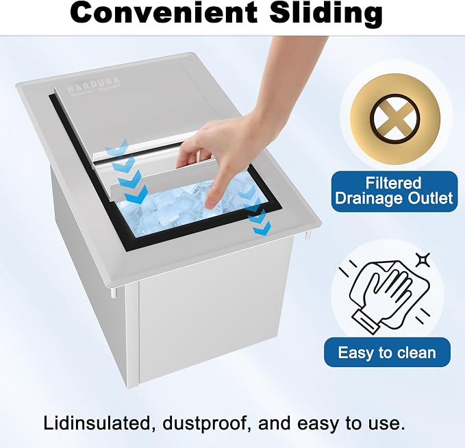 HARDURA Drop-in Stainless Steel Ice Bin | Commercial, Insulated Ice Chest, Sliding Cover, For Storing Ice Cold Wine Beer