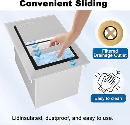 HARDURA Drop-in Stainless Steel Ice Bin | Commercial, Insulated Ice Chest, Sliding Cover, For Storing Ice Cold Wine Beer