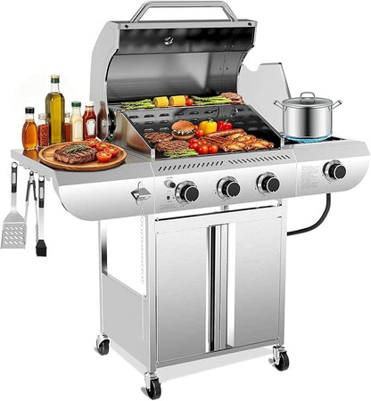 Kismile 3-Burner Propane Gas Grill with Side Burner, Stainless Steel 34,000 BTU BBQ Grill, Cast iron Griddle & Enamel Grates, Barbecue Grill for Outdoor Cooking, Backyard, Patio, Deck Camping