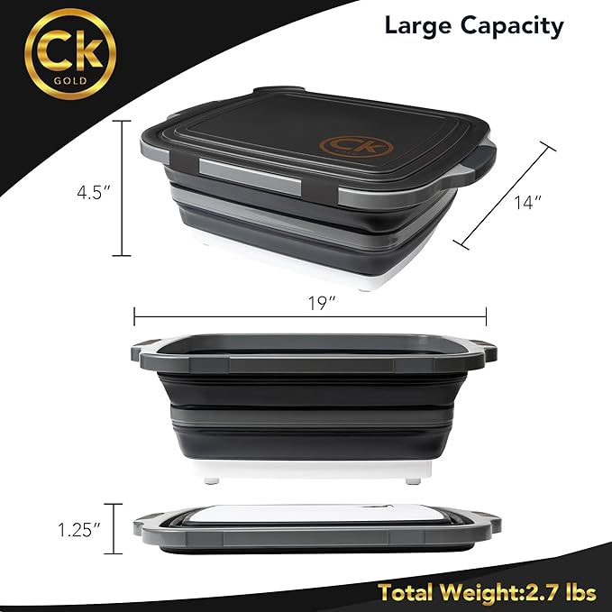 New XL Collapsible BBQ Prep Tub with LOCKING Lid, Cutting Board & Drain Hole | BPA-Free, Food-Grade, Space-Saving Prep Tubs for Marinating, Grilling, Camping & Outdoor Cooking (Black, 16L)