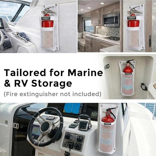 Marine Mesh Single Pocket Boat Gear Storage Bag, Black Fabric Marine Fire Extinguisher Holder, Screw Snap Mount (White, Medium)