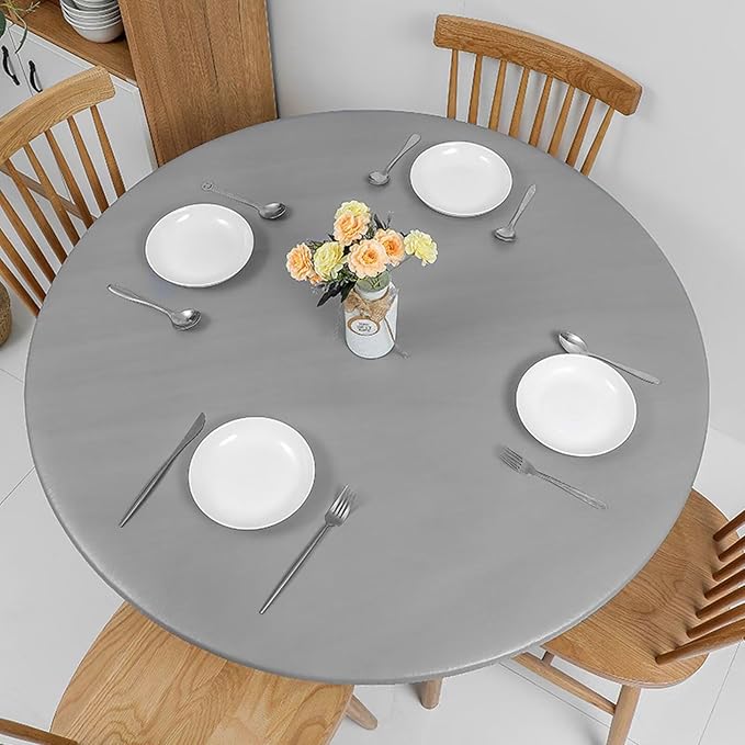 Romanstile Round Fitted Vinyl Tablecloth with Elastic Edge 100% Waterproof | Table Covers for 57"- 68" Tables, Wipeable Flannel Backed Plastic Table Cloths for Dinner, Picnic, Camping, Outdoor, Silver