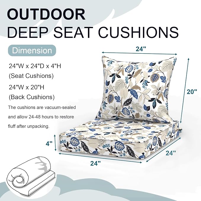 DYTXIII Outdoor Deep Seat Cushion Set, Water Repellent 24"x24" Patio Thick Cushions Replacement with Seat & Back Pillow for Patio Sofa, Wicker Chair, Couch - Breeze Leaves Beige
