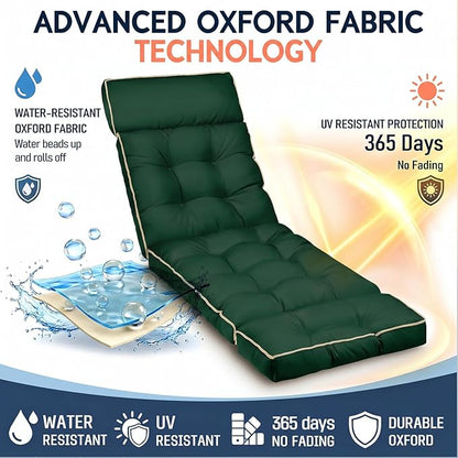 MAGIC ELEPHANT Chaise Lounge Cushion Outdoor, Memory Foam Patio Lounge Chair Cushion with Ties for Outdoor Furniture, 74 x 22 x 4 Inch (Green)