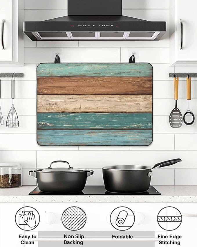 Stove Top Covers for Electric Stove 28.5x20.5 Inches, Turquoise Brown Retro HeatResistant Glass Cooktop Protector, Vintage Farmhouse Wood Grain Ceramic Stovetop Countertop Covers Mat, Oven Cover