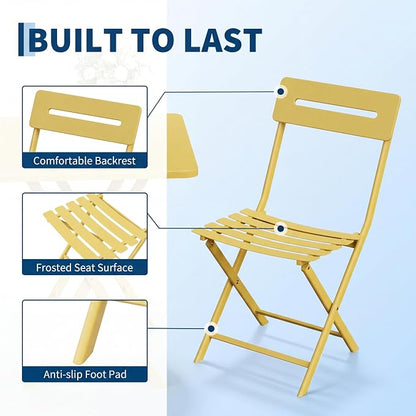 Garvee 3-Piece Bistro Set, Outdoor/Indoor Folding Patio Furniture Set,Space Saving Folding Design, Outdoor Table and Chairs Set for Patio, Garden, Balcony and Poolside, Yellow